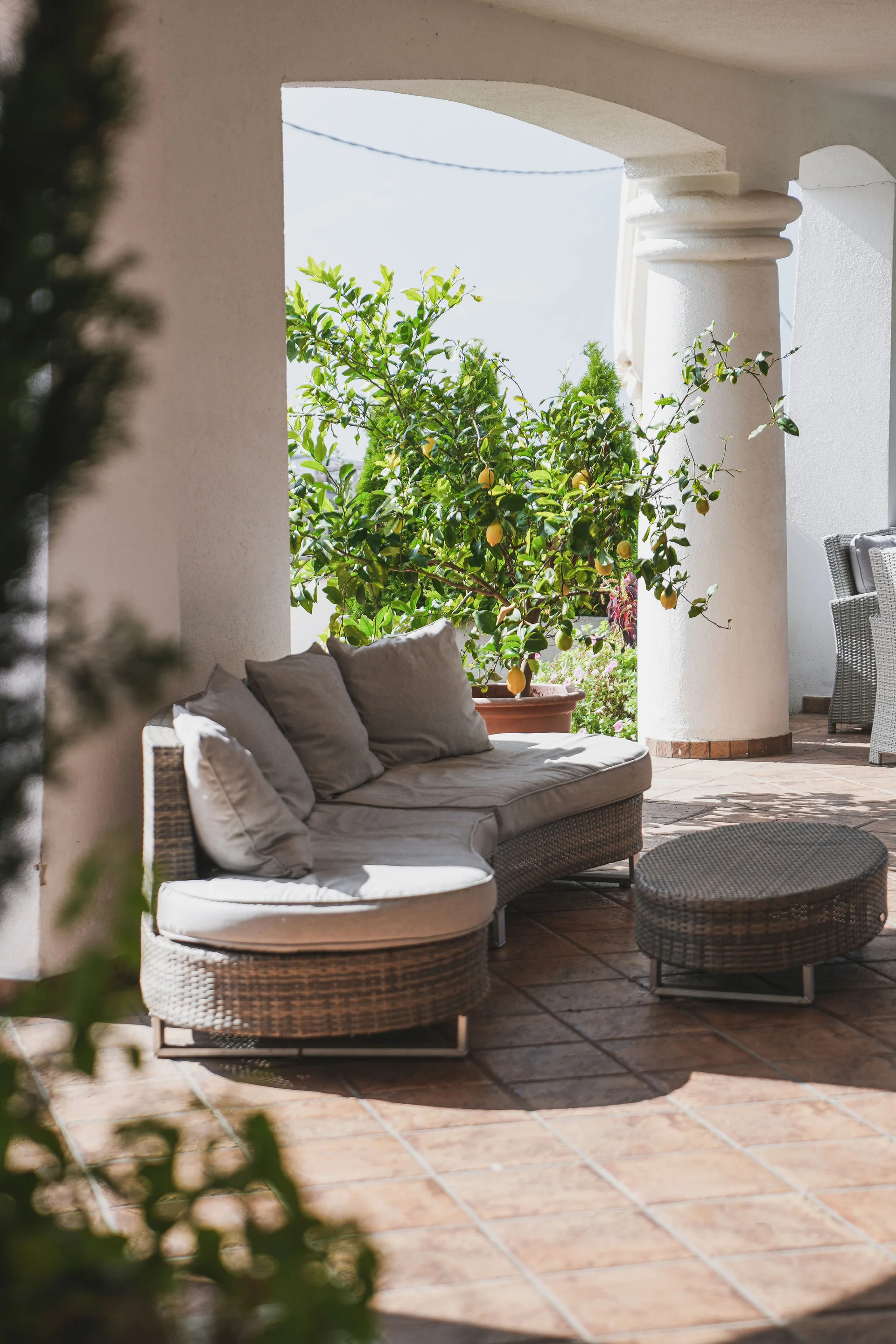 Das Herzstück des Kröll: unsere Bar und Lounge Gemütliche Terrasse mit rundem Sofa und Zitronenbaum in Töpfen